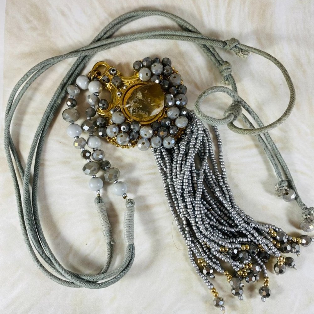 Stunning Mixed media long bead and leather statement necklace 1990s